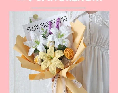 Handcrafted bridal bouquet in a delicate pink hue, featuring intricate crochet and hand-woven design