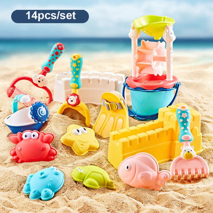 Colourful and vibrant baby beach toy set with shovels, sand moulds, and a convenient carry bag