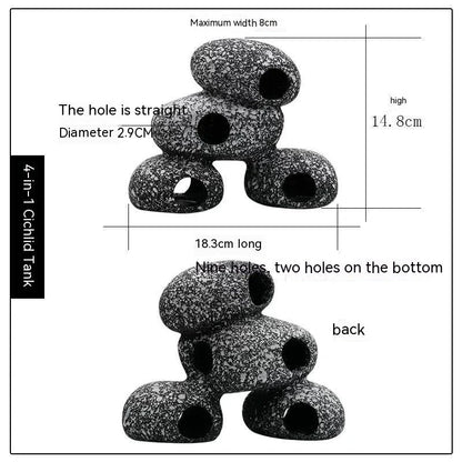 Decorative grey resin fish tank stone with natural cobblestone texture for breeding and shrimp shelter in aquarium