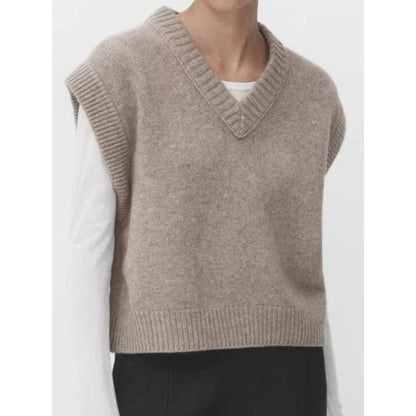Chic Autumn/Winter Women's Soft Knitted V-Neck Vest in a classic solid colour, featuring a cosy turtleneck collar and sleeveless design for easy layering.