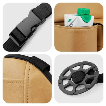 Premium leather car seat organiser with a delightful cartoon rabbit design, featuring dedicated compartments for papers, cups, and phablets