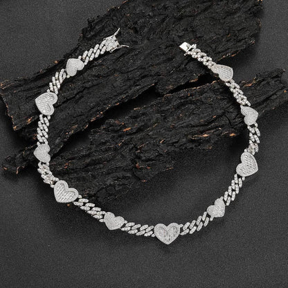 Platinum Cuban Link Chain Necklace with Zircon Mosaic Inlay, Offering Sophisticated Style and Lasting Durability