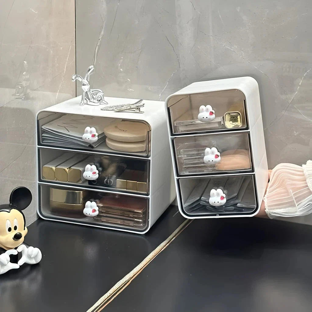 Clear acrylic desk organiser with three pull-out drawers, designed to declutter and organise your workspace