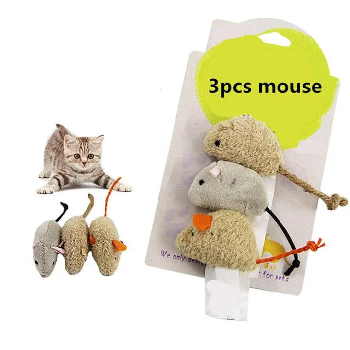 Three plush mice in various colours, designed as engaging toys for playful cats in the UK.