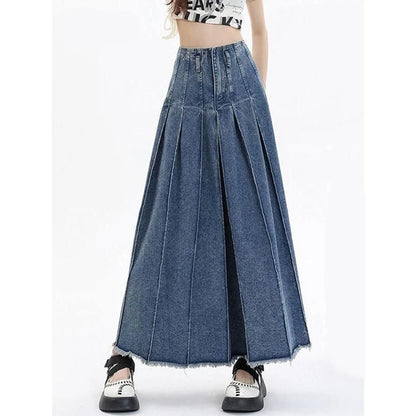 Chic high-waist vintage blue denim A-line skirt with stylish zipper decoration and mid-calf length