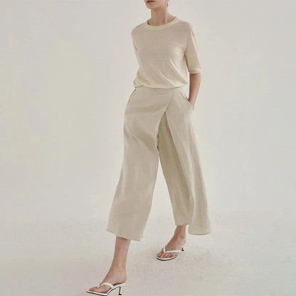Elegant high-waist cotton-linen wide-leg trousers for women in a chic linen colour