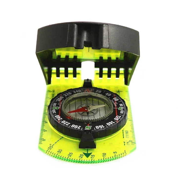 Multifunctional outdoor compass with scale, map ruler, mirror, and durable yellow casing for reliable navigation in the wilderness