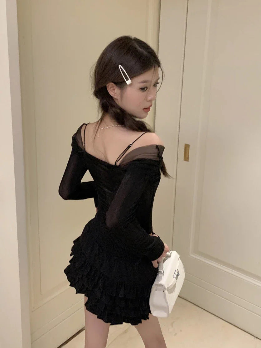 Elegant black off-shoulder blouse made of French-inspired polyester mesh fabric