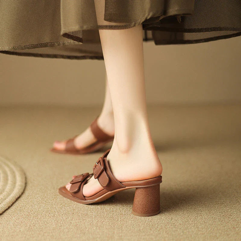 Elegant women's premium leather high heel sandals in brown colour