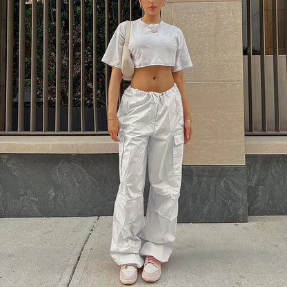 Premium cargo trousers for stylish British women, featuring drawstring waist, pockets, and sleek polyester design