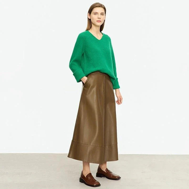 Elegant autumn ankle-length a-line leather midi skirt for women in black colour