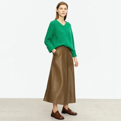 Elegant autumn ankle-length a-line leather midi skirt for women in black colour