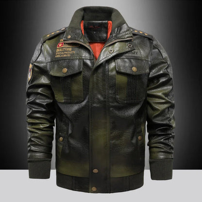 A stylish men's leather jacket with a stand collar, slim fit, and short length, offering premium quality and versatile wear.