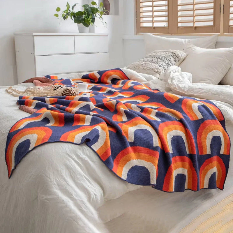 Homeenjoy UK Cosy Rainbow-Patterned Cotton Knit Throw Blanket