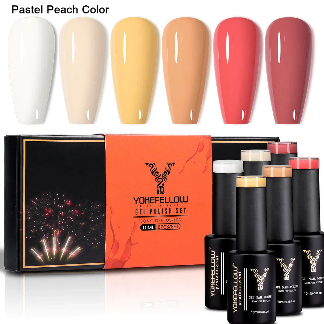 Autumn-inspired gel nail polish kit with vibrant orange, yellow, and glitter shades