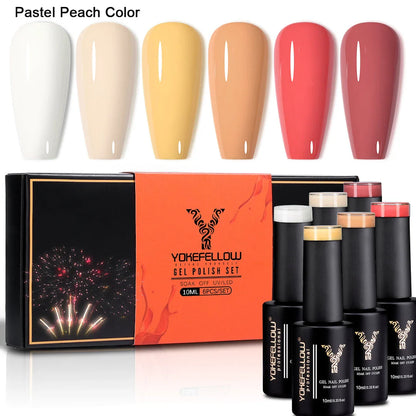 Autumn-inspired gel nail polish kit with vibrant orange, yellow, and glitter shades