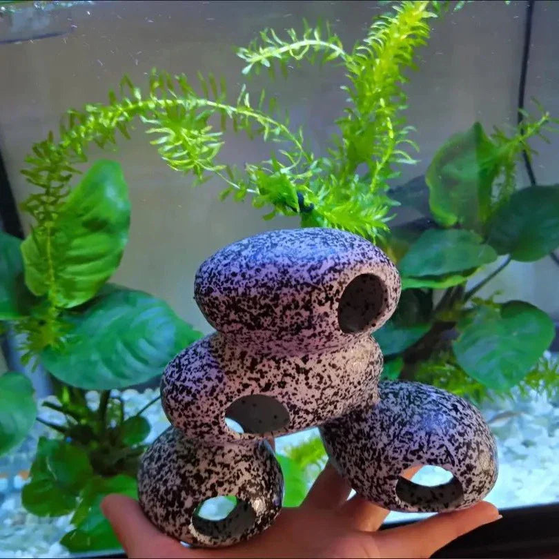 Decorative grey resin fish tank stone with natural cobblestone texture for breeding and shrimp shelter in aquarium