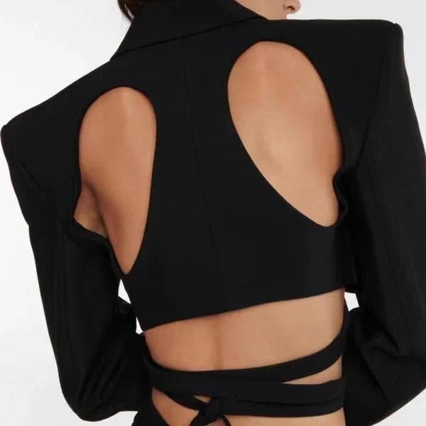Elegant and chic women's blazer with a unique backless design and bandage waist, perfect for making a fashionable statement