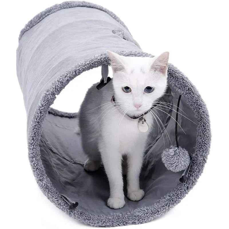 Collapsible cat tunnel made of crinkle suede with a peek hole, designed for cat play and exploration