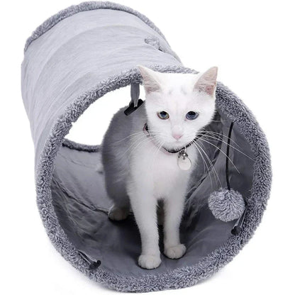 Collapsible cat tunnel made of crinkle suede with a peek hole, designed for cat play and exploration