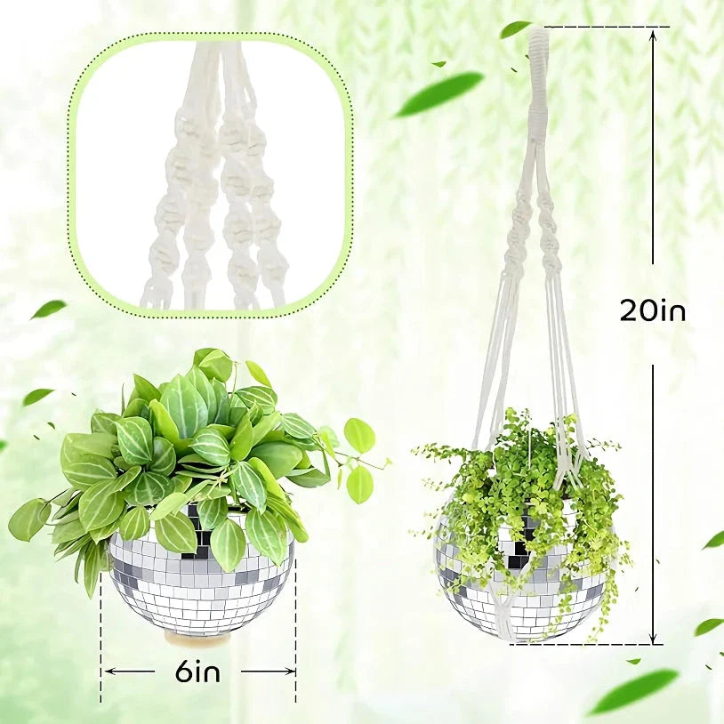 Decorative silver disco ball shaped hanging planter with reflective mirror accents for stylish indoor or outdoor decor