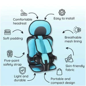 Adjustable infant car seat cushion with 5-point harness, plush padding, and foldable design for safe and comfortable travel with children