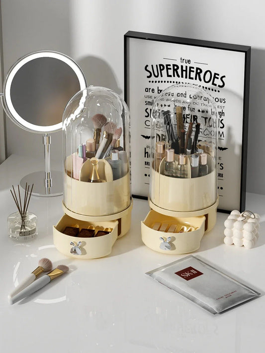 Elegant 360-degree rotating makeup brush holder with clear acrylic cover and sliding drawer for organised storage