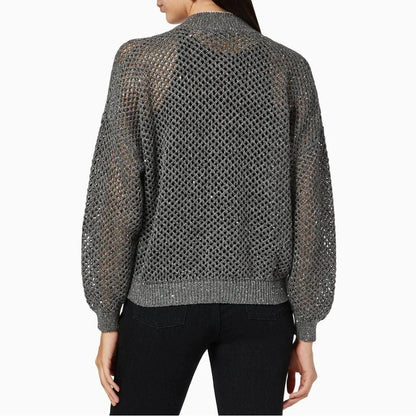 Elegant sequin-embellished linen blend knit top in dark grey colour, available in small, medium and large sizes