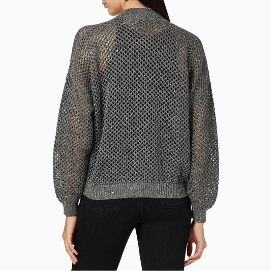 Elegant sequin-embellished linen blend knit top in dark grey colour, available in small, medium and large sizes