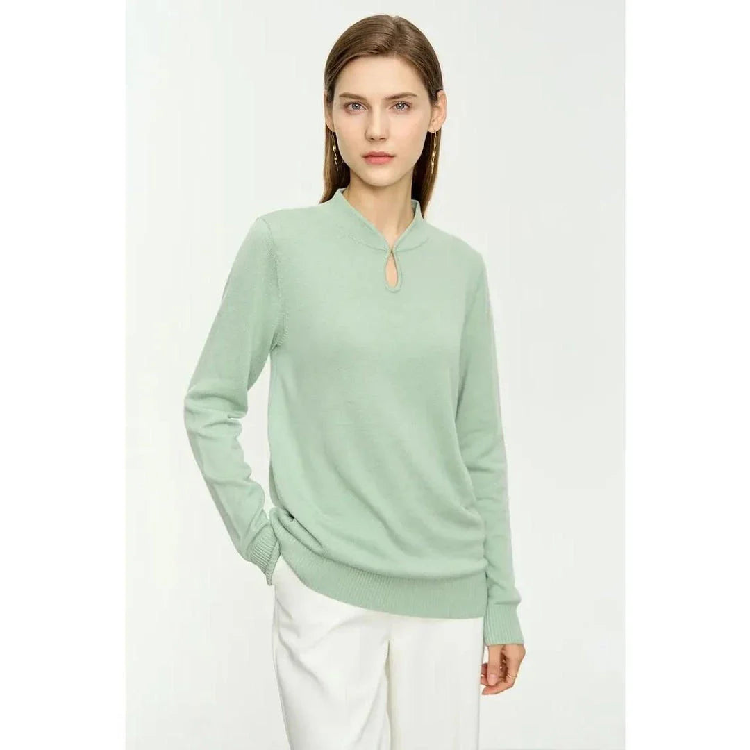 Chic minimalist u-collar long sleeve pullover in green and purple colours, featuring elegant design and cozy materials