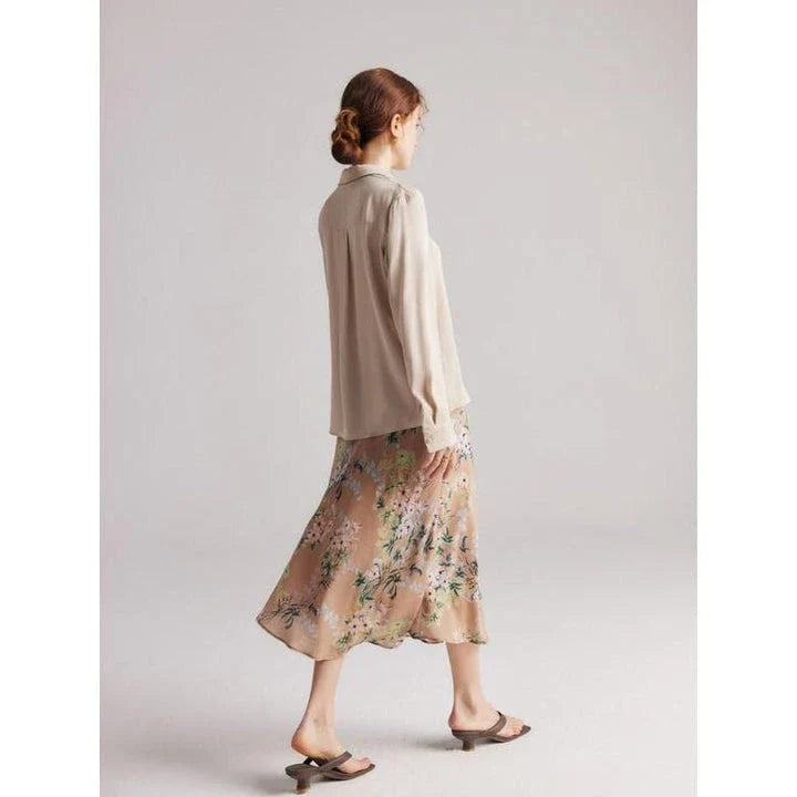 Elegant chiffon floral a-line skirt in coffee colour, perfect for the modern British woman's wardrobe