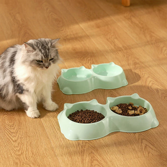 Dual Pet Feeding Bowl with Separate Food and Water Compartments, Anti-Slip Base, and Rounded Design for Cats and Dogs