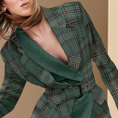 Premium plaid suit jacket for women, featuring a sophisticated design, expert tailoring, and a touch of feminine skirt-like detailing.