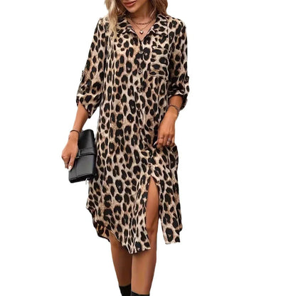 Elegant leopard print beach cover-up dress with A-line silhouette, loose waist, and pockets for comfortable and stylish holiday wear