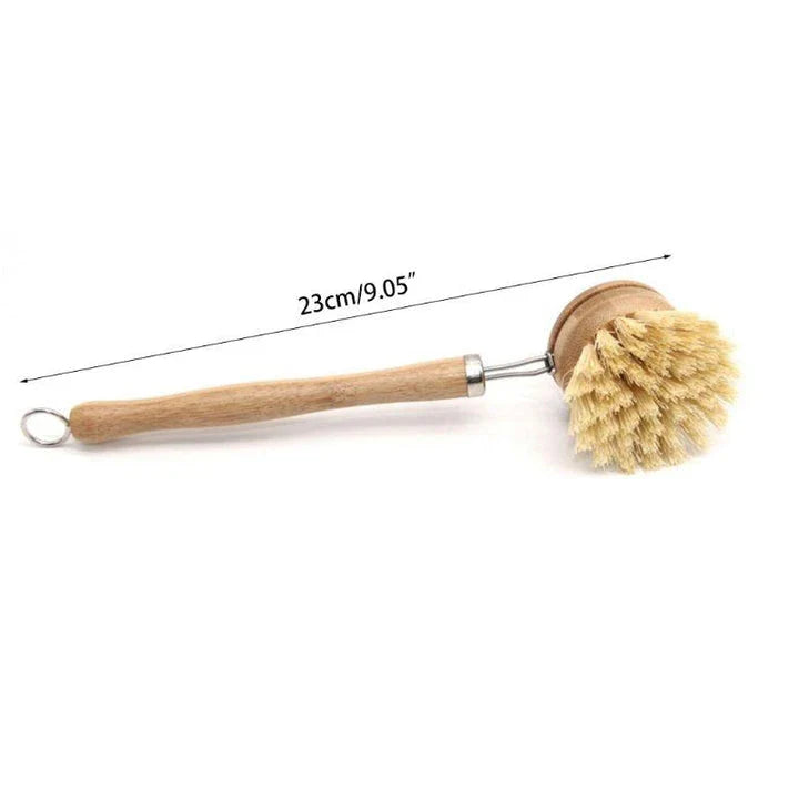 A set of eco-friendly kitchen cleaning brushes with wooden handles and sisal bristles, designed for effective and sustainable cleaning.