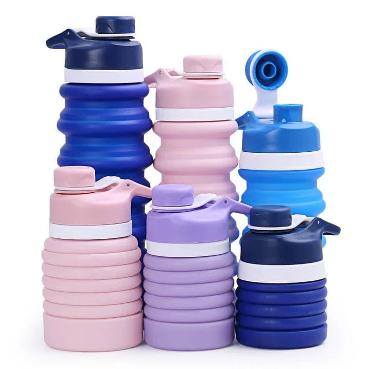 A portable, foldable silicone water bottle in a variety of stylish colours, perfect for eco-conscious Brits on the go.