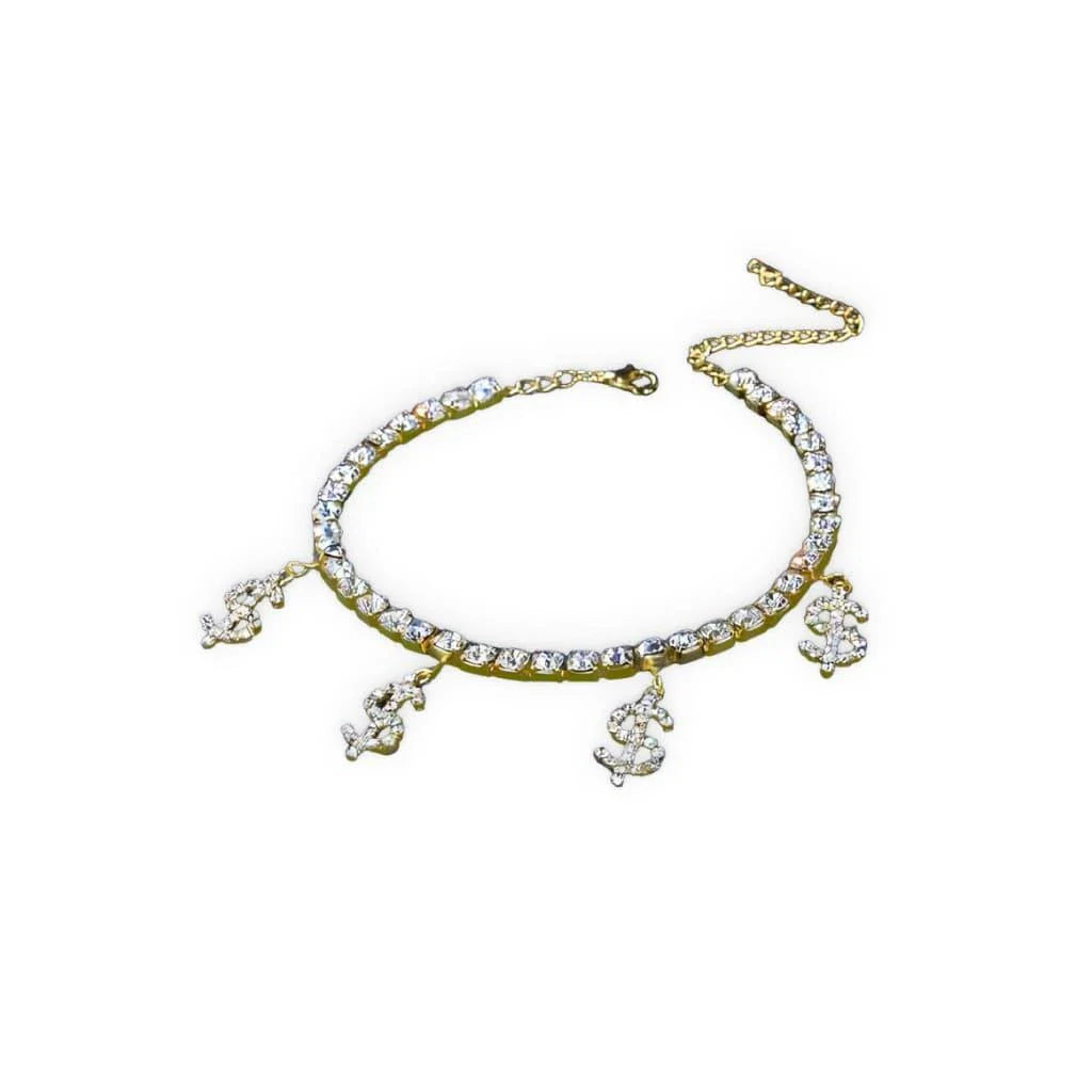 Elegant brass anklet with shimmering dollar pendants and rhinestones