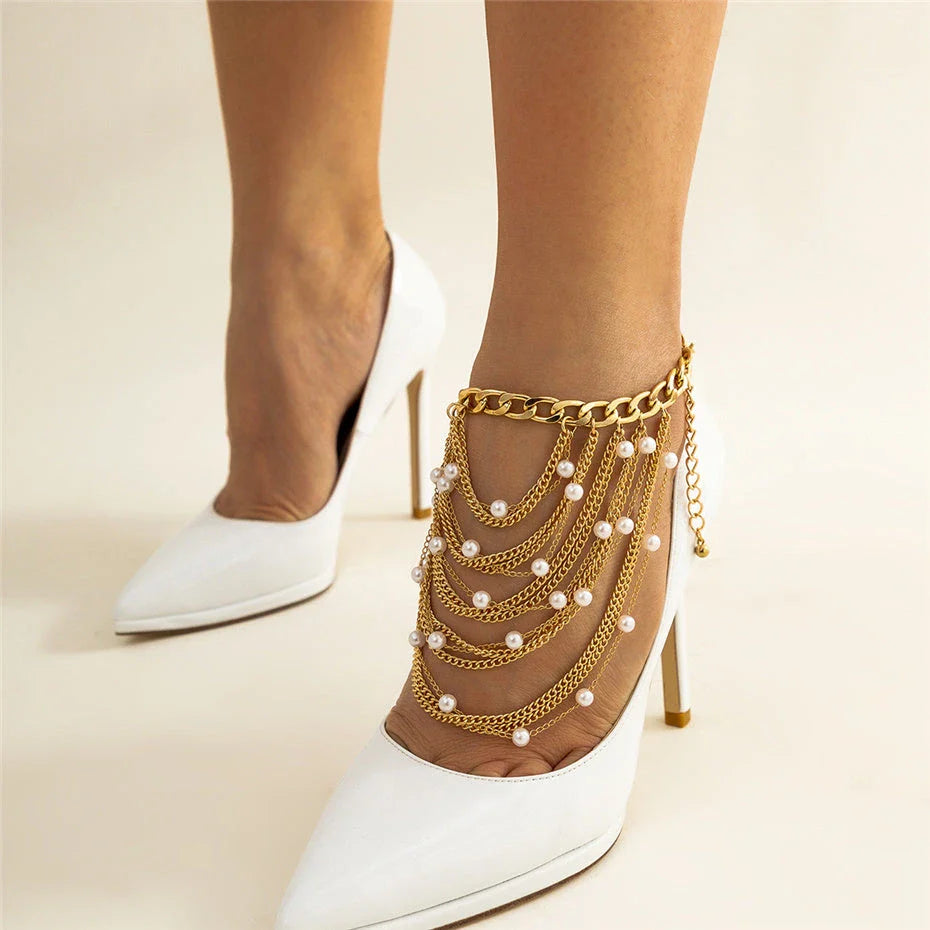 Boho Chic Tassel Pearl Anklet for Women - Elegant Adjustable Anklet with Lustrous Imitation Pearls