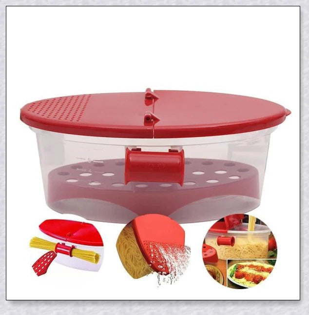 Versatile microwave pasta cooker with convenient handles and precise water-filling lines for quick and easy pasta preparation