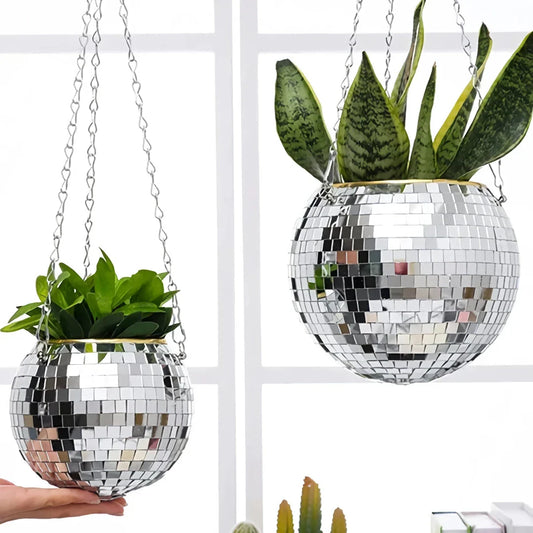 Decorative silver disco ball shaped hanging planter with reflective mirror accents for stylish indoor or outdoor decor