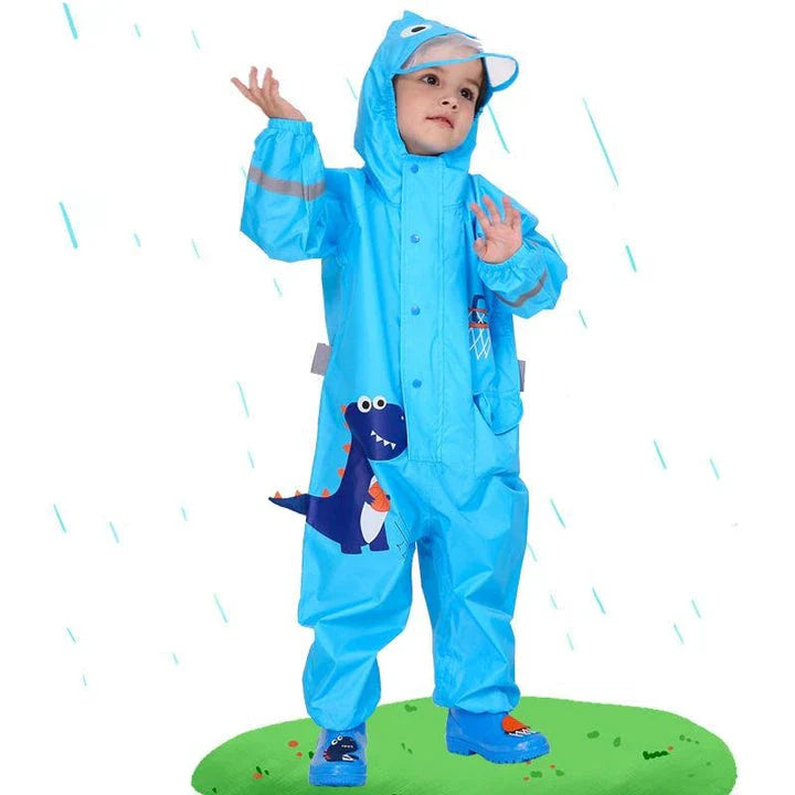 Children wearing a vibrant, dinosaur-themed waterproof rain jumpsuit playing outdoors in the rain
