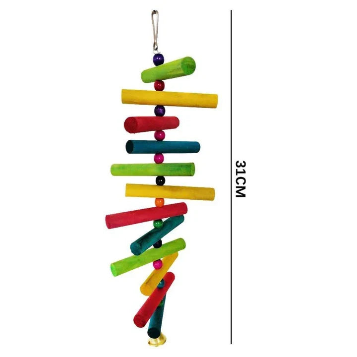 Premium eco-friendly parrot toy with wooden pieces and soothing jingle bells, perfect for sustainable playtime
