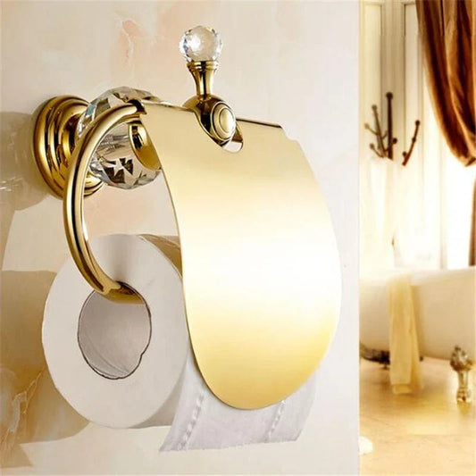 Elegant gold brass toilet roll holder with crystal decorations for a luxurious bathroom accessory