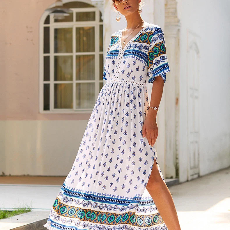 Elegant Bohemian-inspired autumn dress in vibrant yellow, made from premium cotton for a soft and comfortable feel.