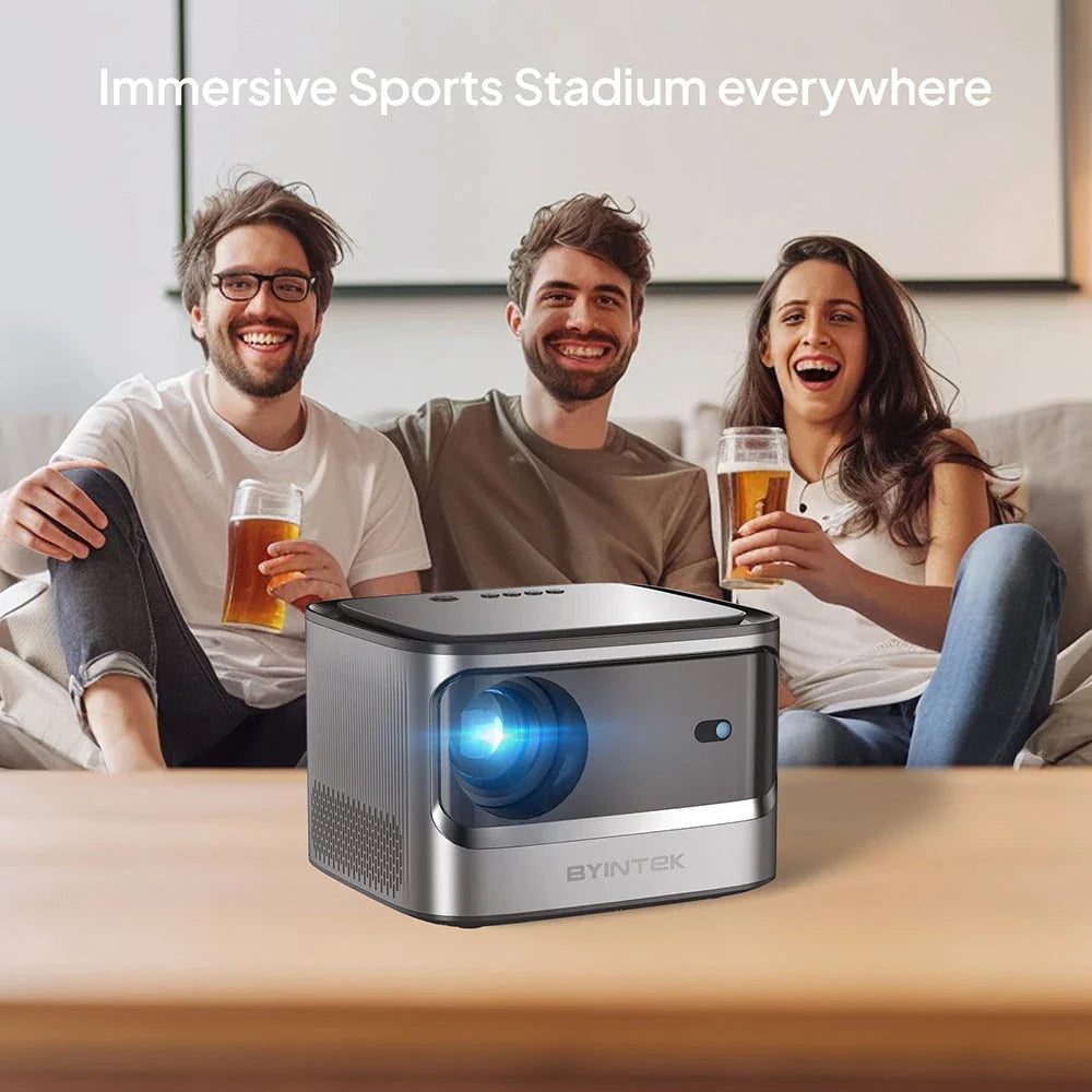 A 4K projector with automatic focus, 900 ANSI lumens of brightness, and wireless connectivity for a cinematic home entertainment experience.