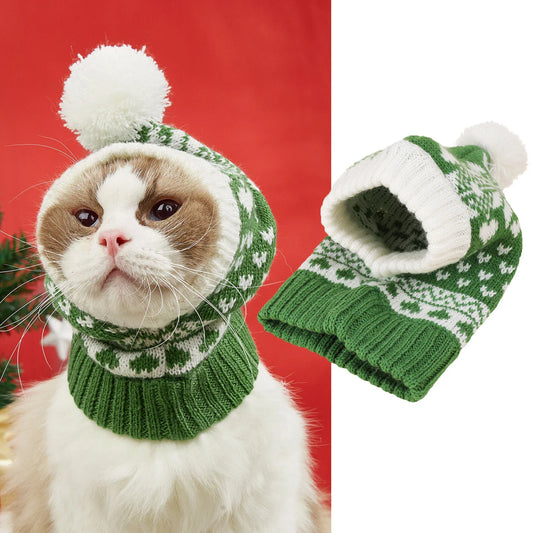 A cosy, knitted pet hat in a festive snowflake and reindeer design, available in various sizes to fit dogs and cats.