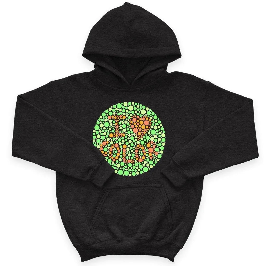A cosy and flexible kids' hoodie with a colour-blind test design, made with premium Airlume cotton and eco-friendly practices.
