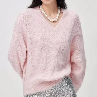 Cosy V-Neck Alpaca Blend Jumper in Cream White, featuring a relaxed fit and chic V-neck design for everyday comfort and style.