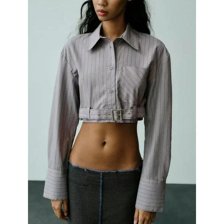 Elegant Spliced Belt Long Sleeve Casual Shirt for Women in Gray, featuring a chic solid pattern and stylish details