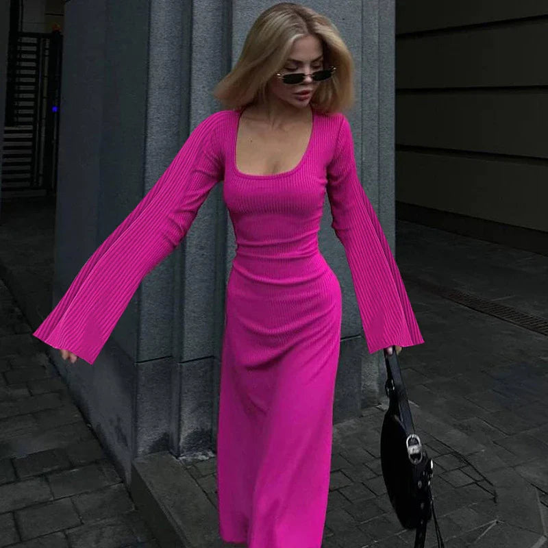 Elegant U-neck dress with lace-up back and flowing bell sleeves in a variety of sophisticated colours